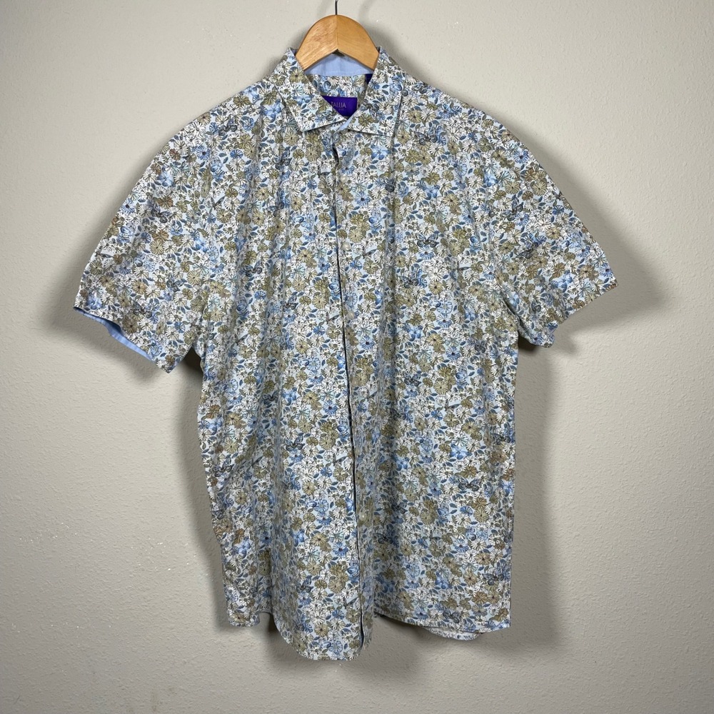 Tallia Floral Butterfly AOP Shirt Mens XL Blue Green Cotton Short Sleeve Button
